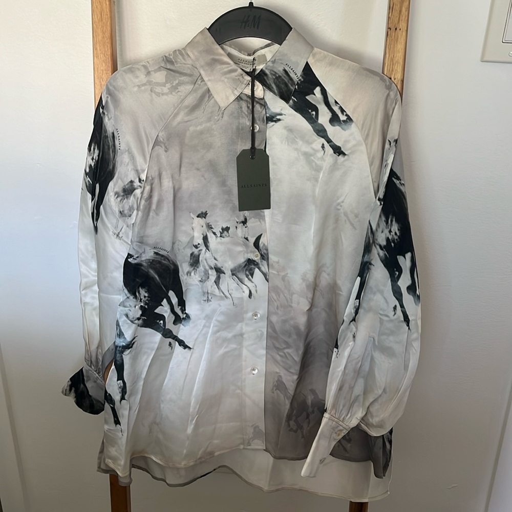 All Saints | OANA EPOTO HORSE PRINT BALLOON SLEEVE BLOUSE IN ECRU WHITE
 | NWT